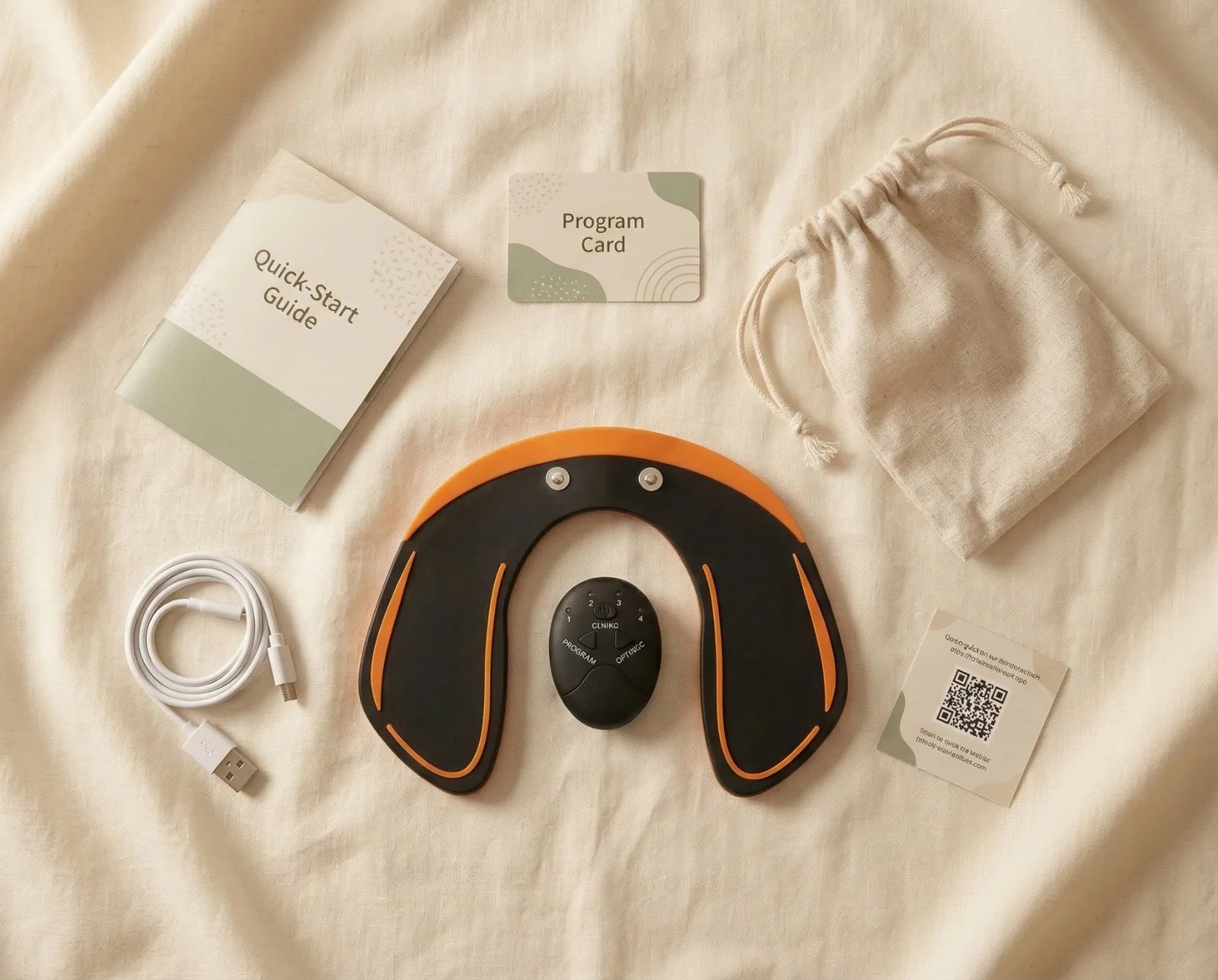 Inhoud van het pakket: PelviPulse PRO EMS-pad, handleiding, USB-kabel, opbergetui