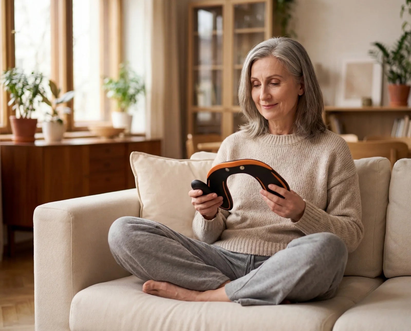 Vrouw die de PelviPulse PRO EMS bekkenbodemtrainer vasthoudt